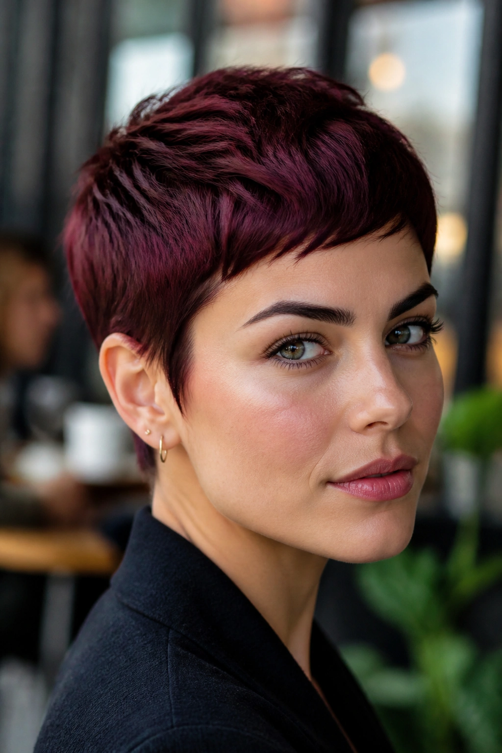 Close-up of a woman with berry noir pixie burgundy hair