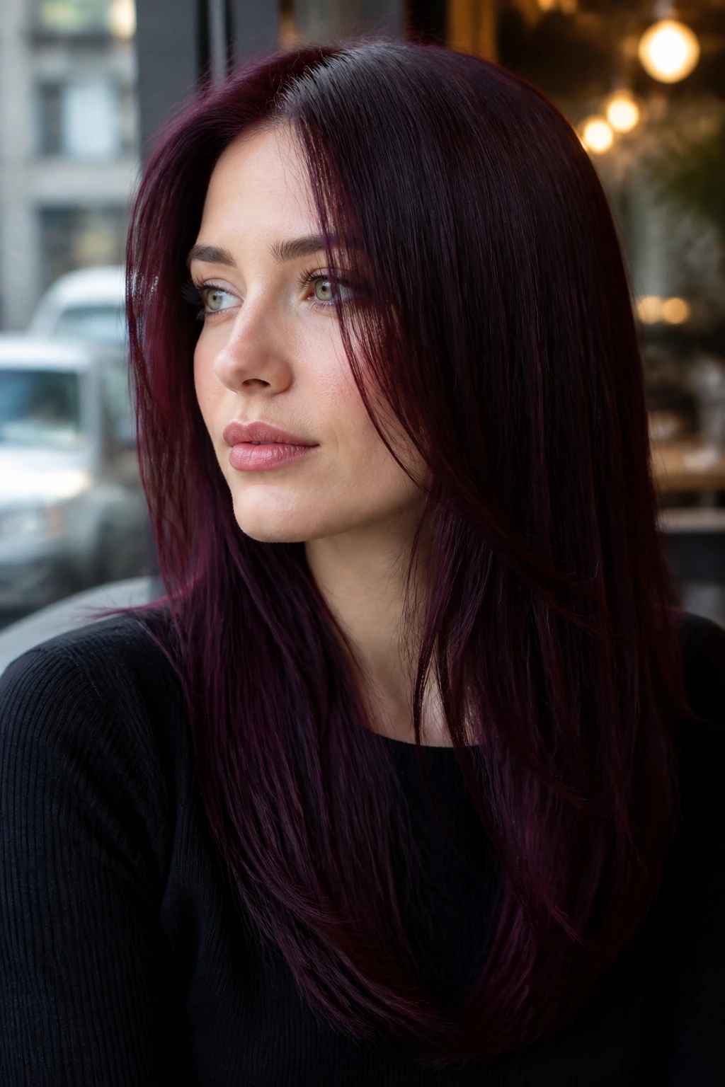 Portrait of a real person with straight berry noir hair under natural daylight.