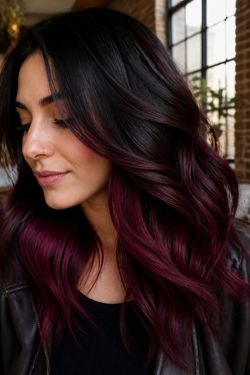 Portrait of a woman with berry noir underlights visible in burgundy pink hair