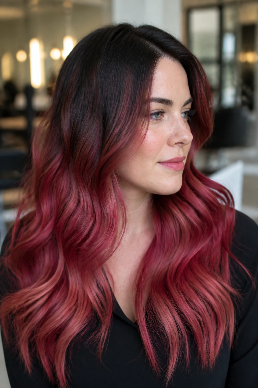 Close-up of a real woman with berry ombré and root shadow