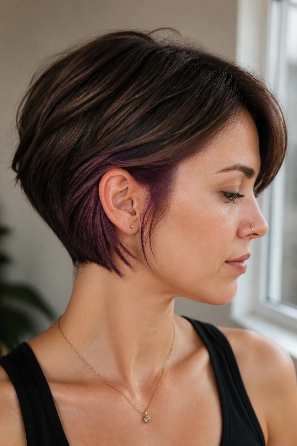 Close-up of short hair with berry peekaboo color under top layer