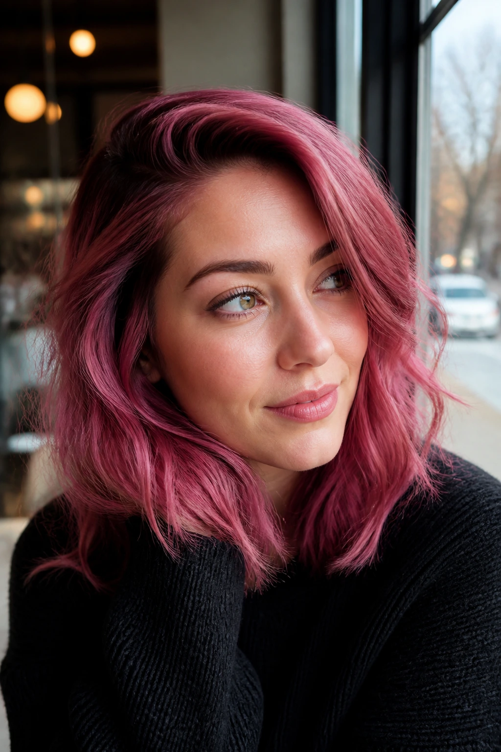 Berry pink hair close-up portrait on a real person