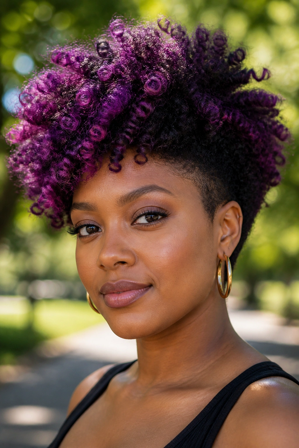 Real person with berry purple afro curls and tapered sides outdoors