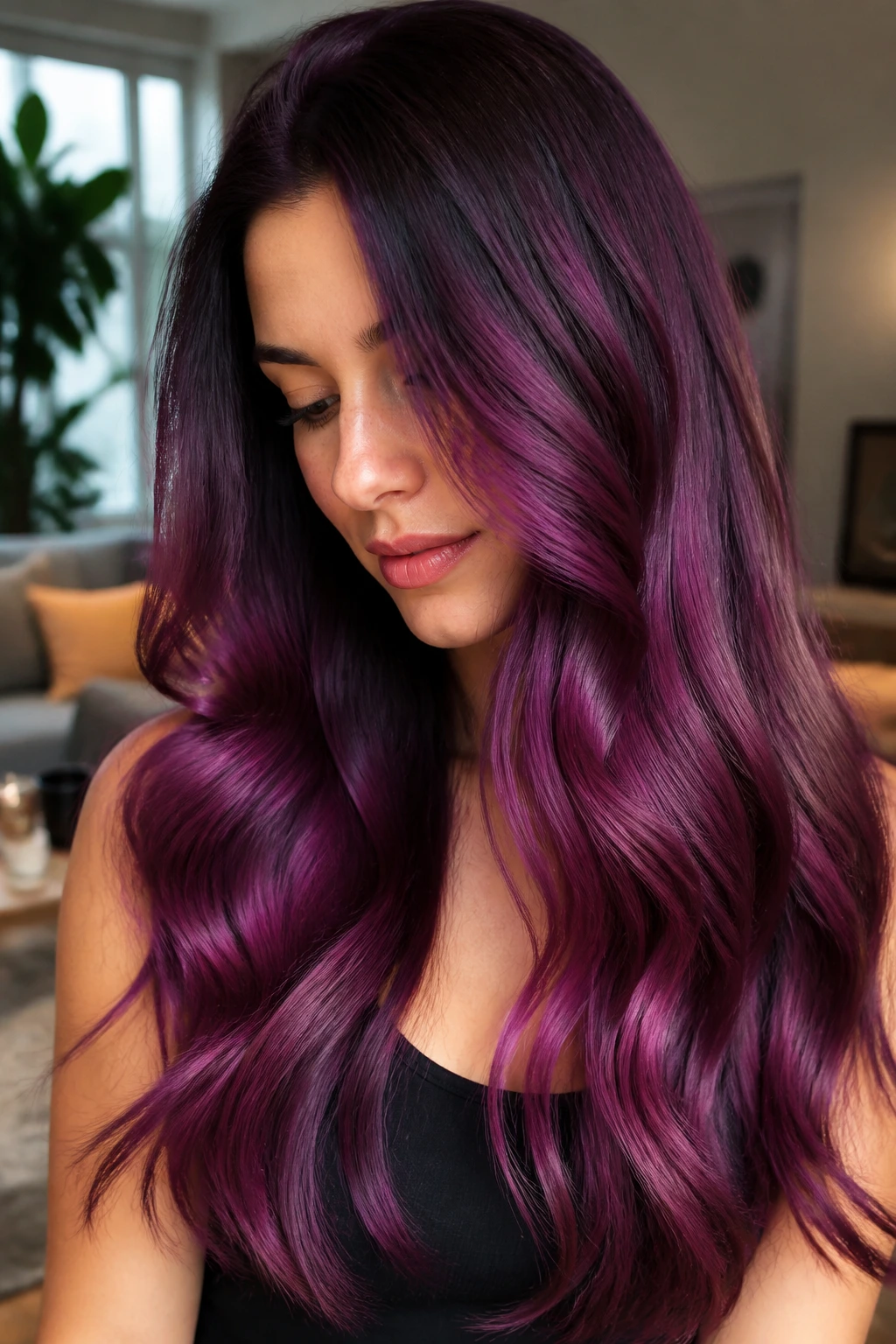 Real woman with glossy berry-purple hair in a long gradient