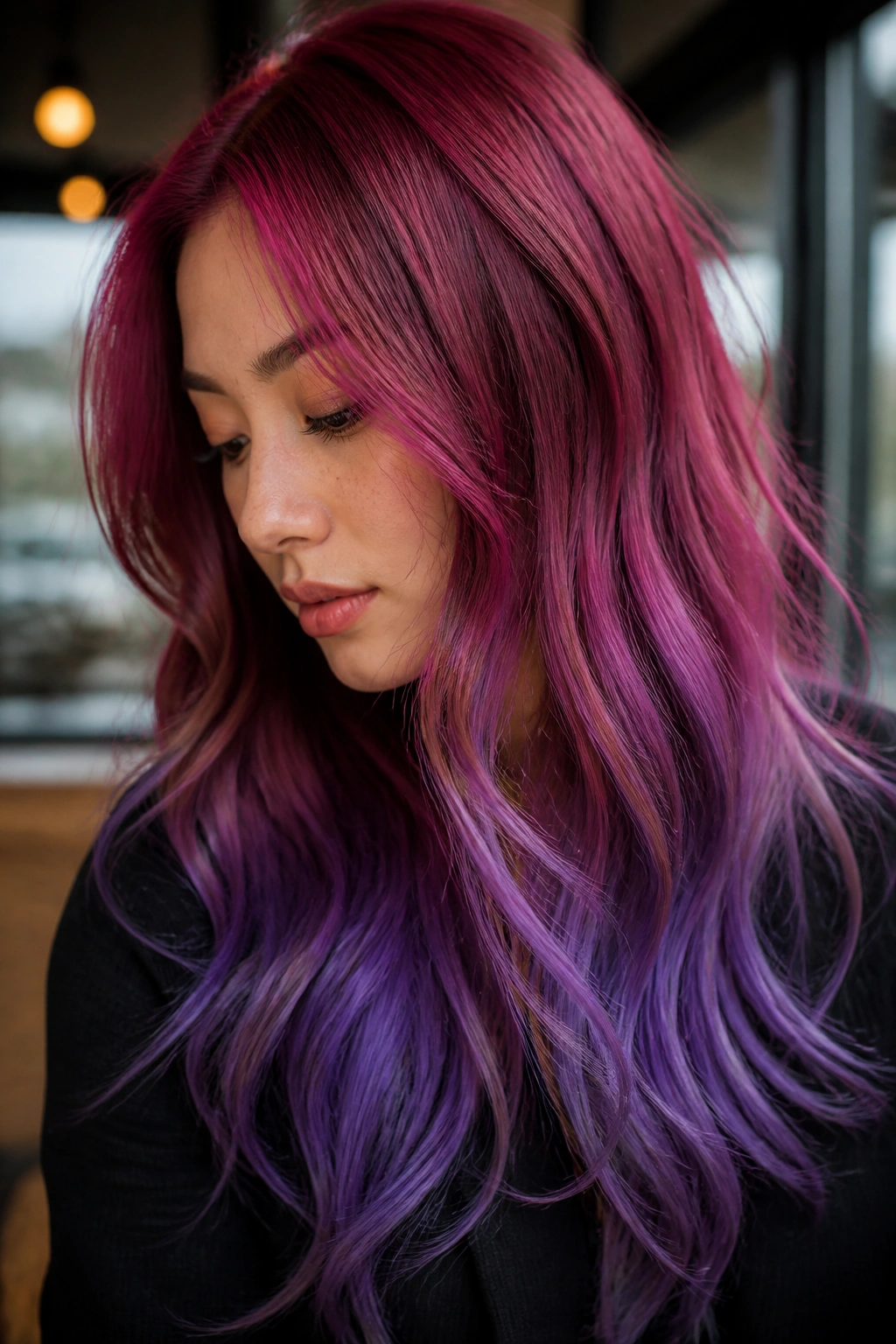 Close-up of a real woman with berry red roots fading to amethyst ends in long hair
