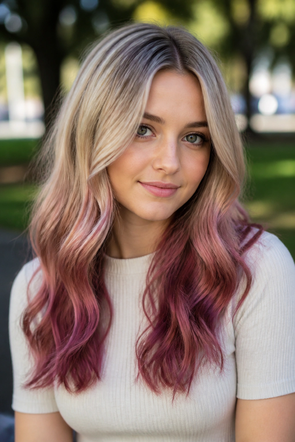 Portrait of a woman with berry rose blonde ombre hair