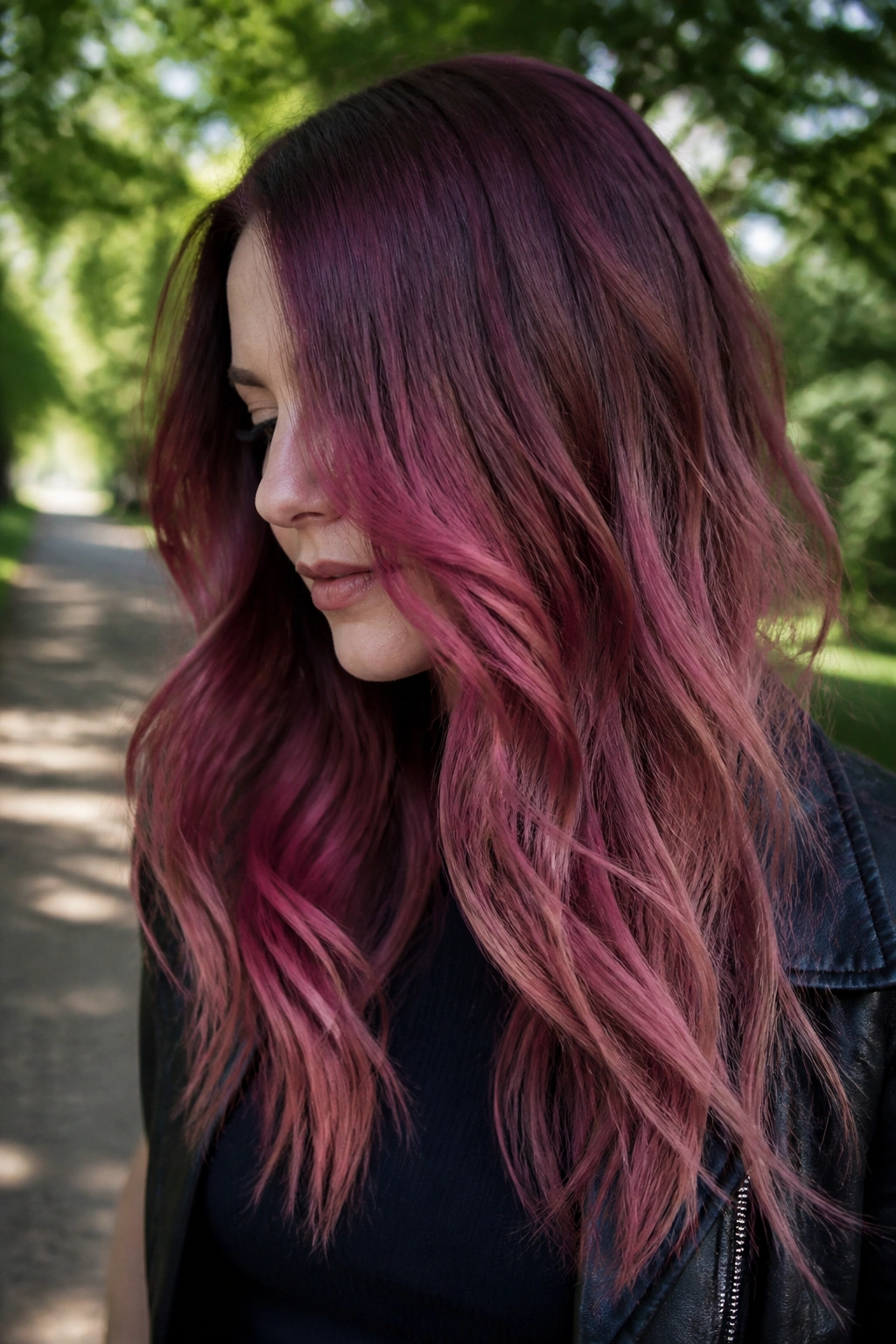 Berry rose melt gradient hair on a real person in a park setting