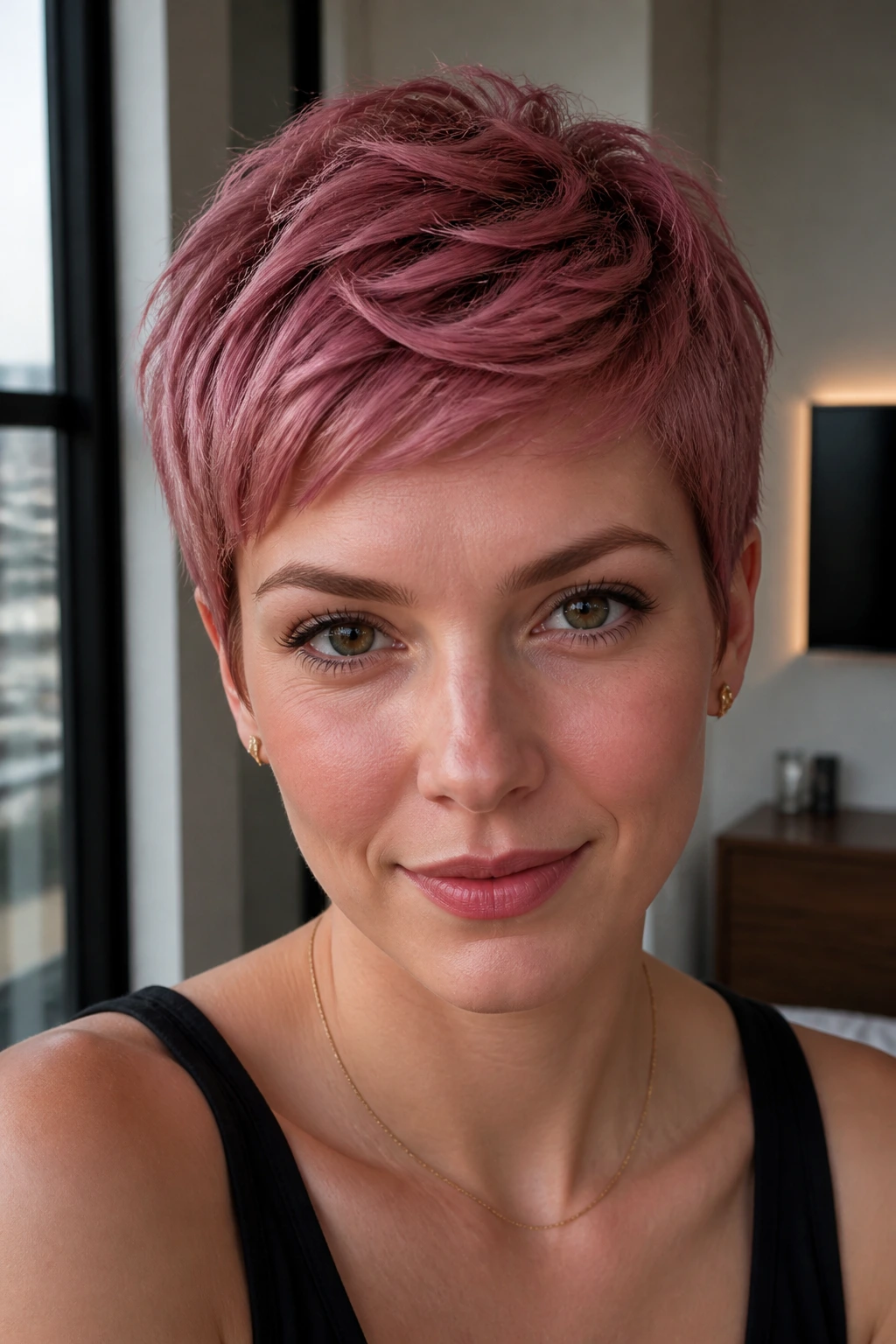 Berry rose gold pixie on a real person, bold short hairstyle