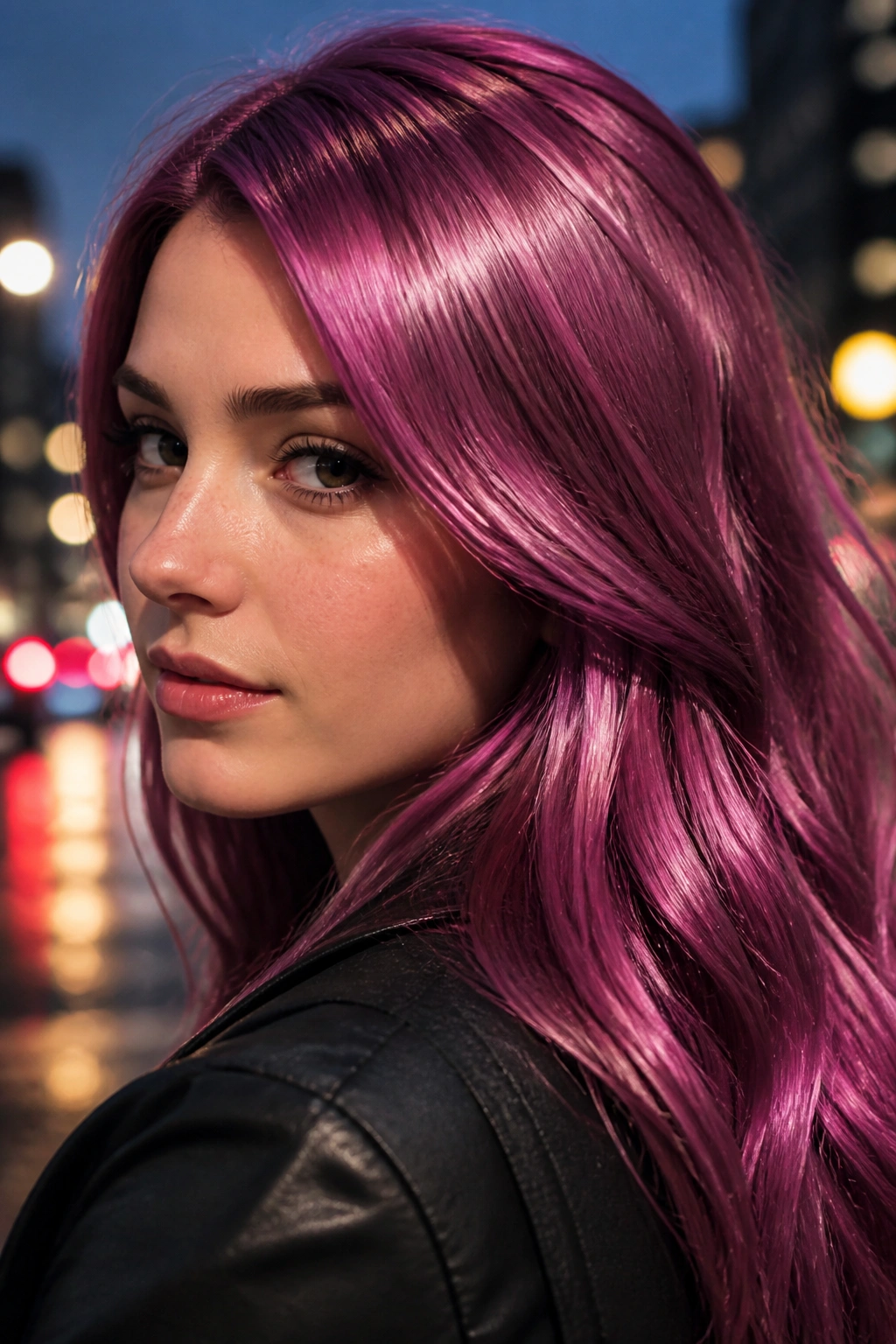 Close-up of a real woman with berry sorbet chrome hair and city lights backdrop