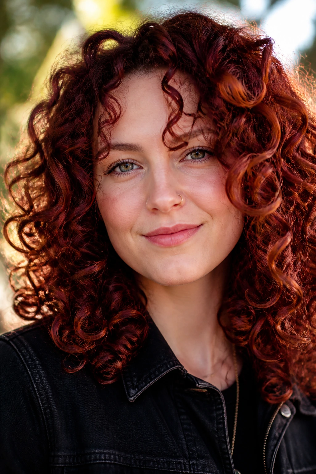 Close-up portrait of a woman with berry toned copper curls in natural light.