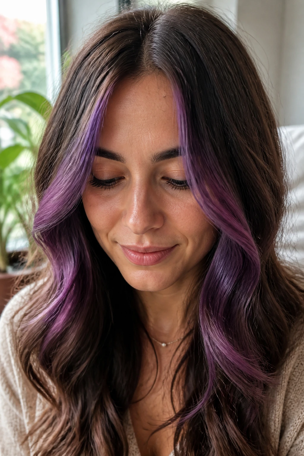 Hair with berry-violet curtain pieces framing the face