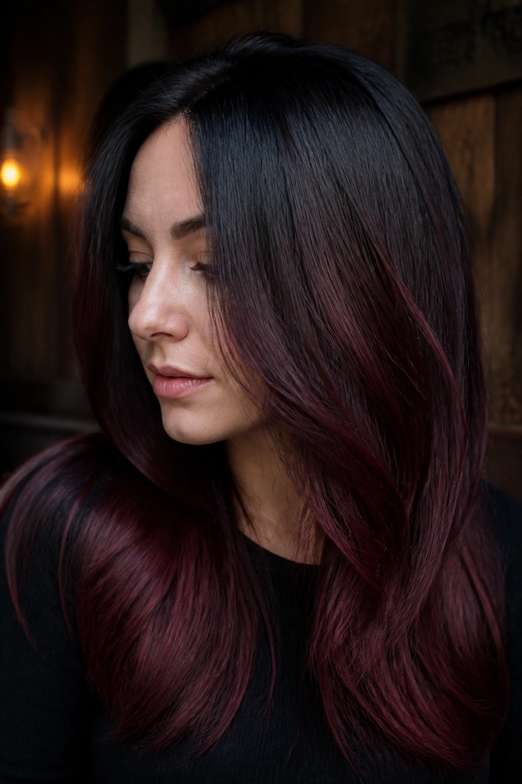 Close-up portrait of a real woman with espresso hair and berry wine balayage