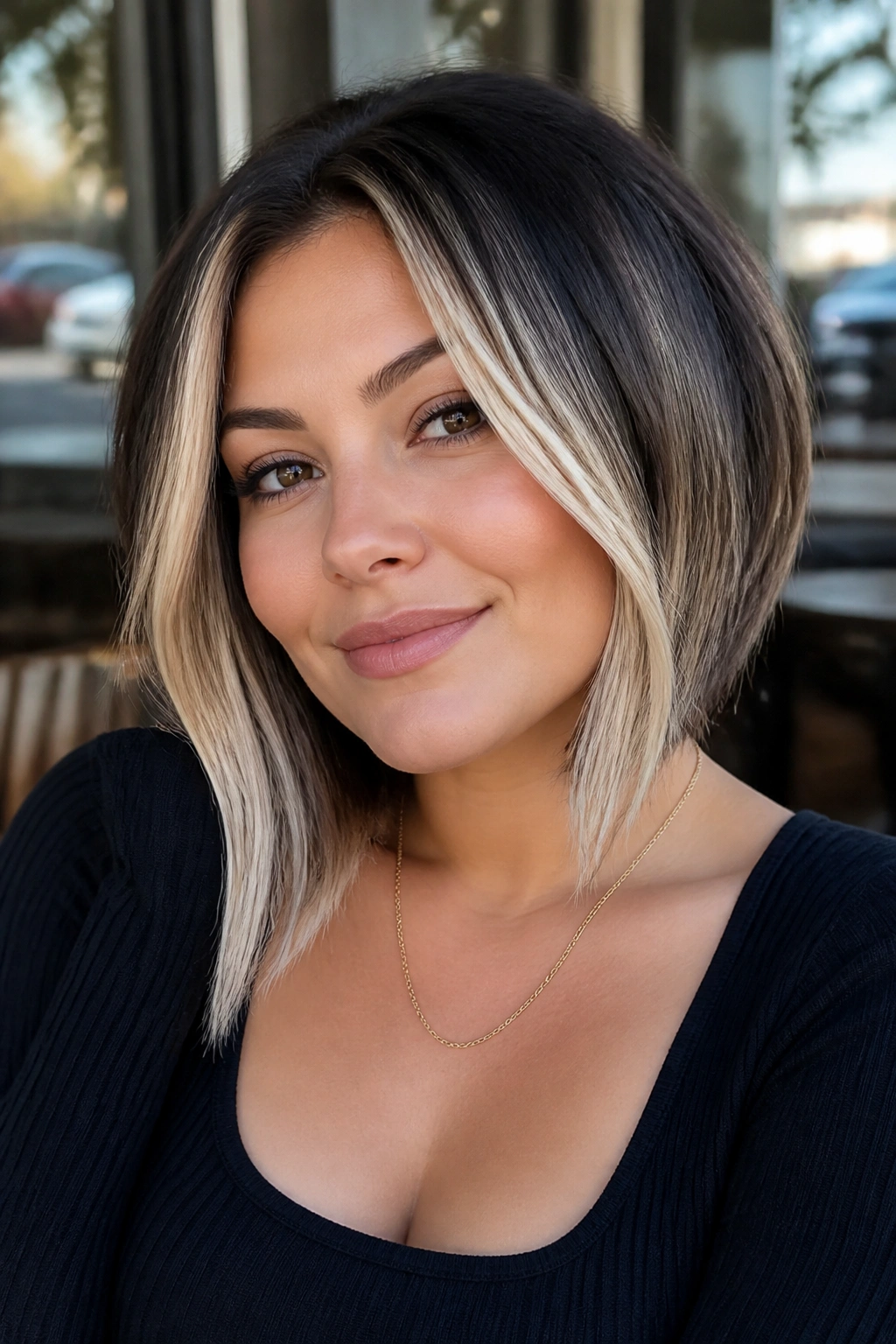 Real woman with beveled bob and face-frame blonde pieces outdoors
