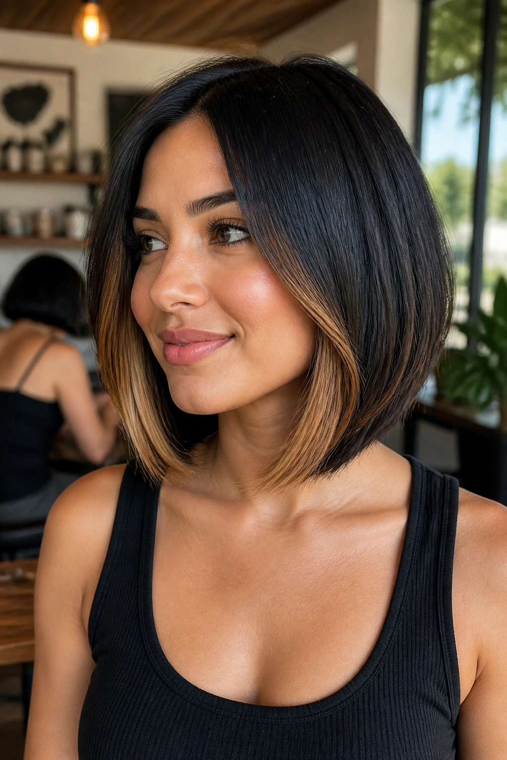 Portrait of a person with beveled bob and bright caramel corner highlights