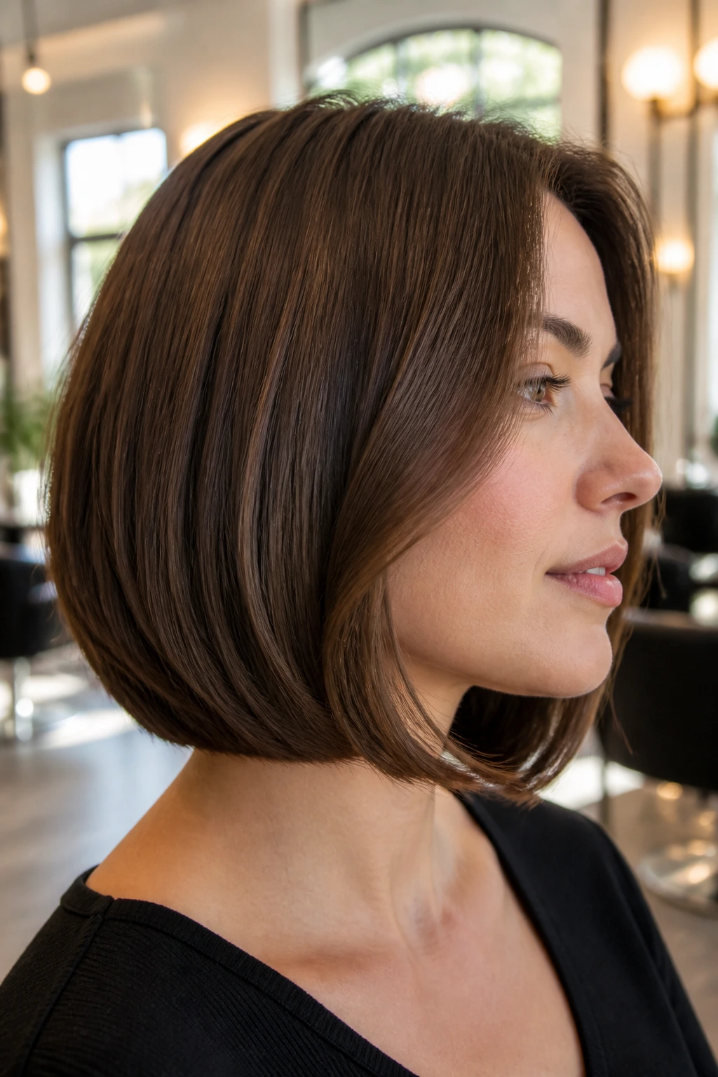 Profile portrait of a real woman with inward-curved beveled bob.