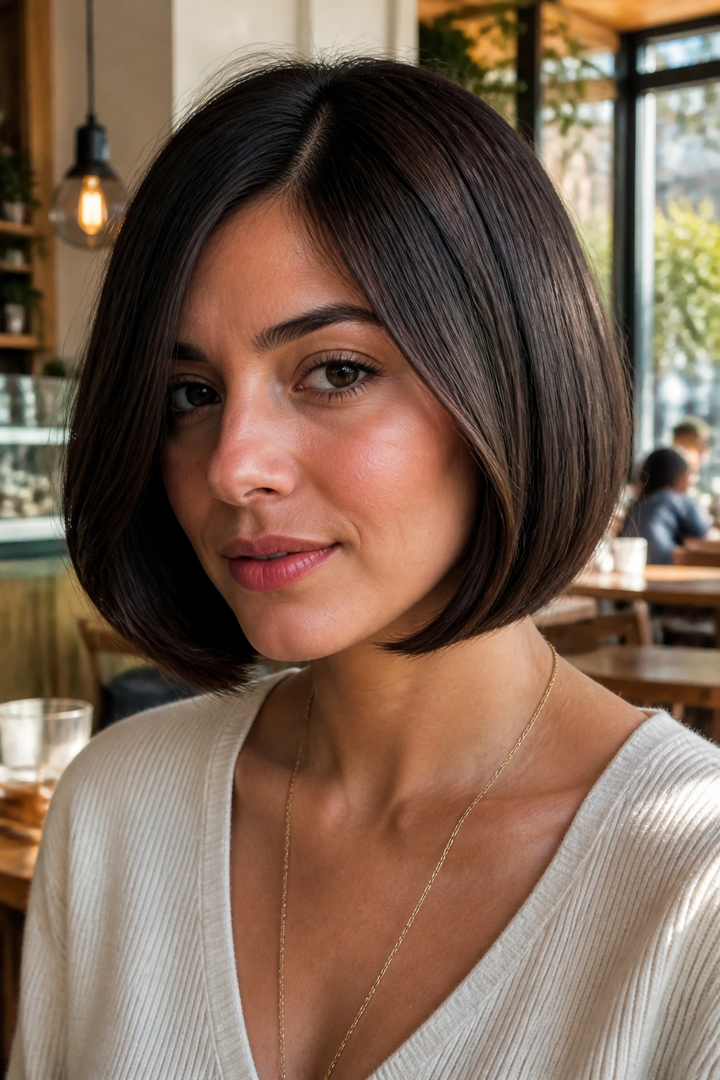 Real person with sleek beveled bob and tucked ends in cafe lighting