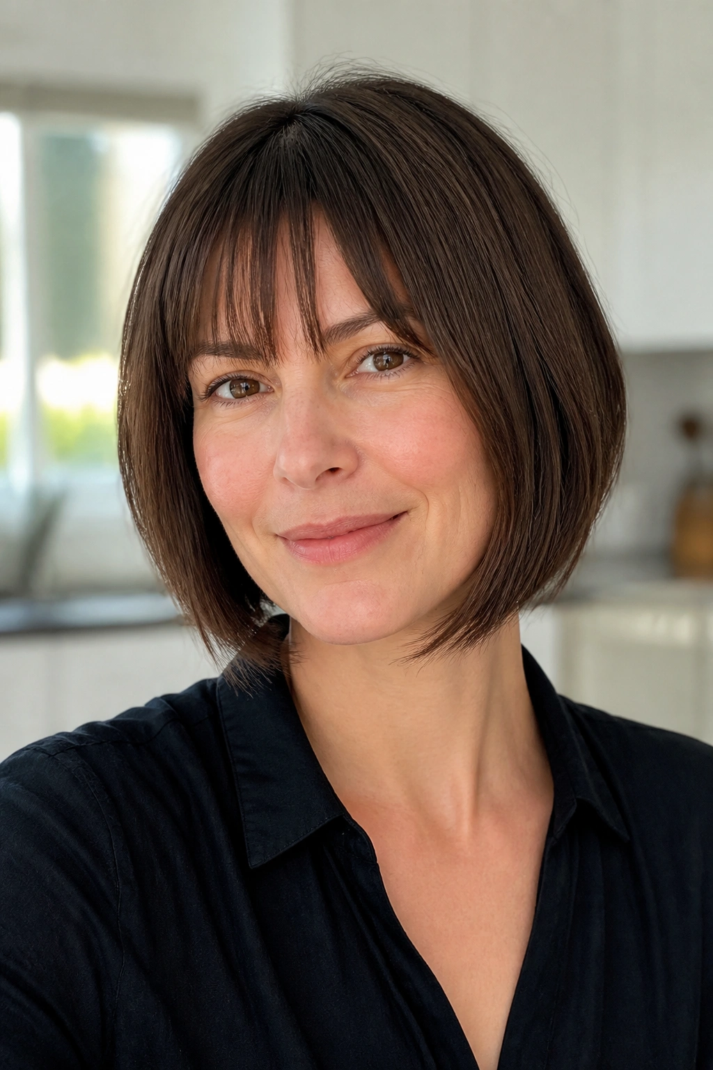 Real woman with beveled-end French bob showing inward-angled ends.