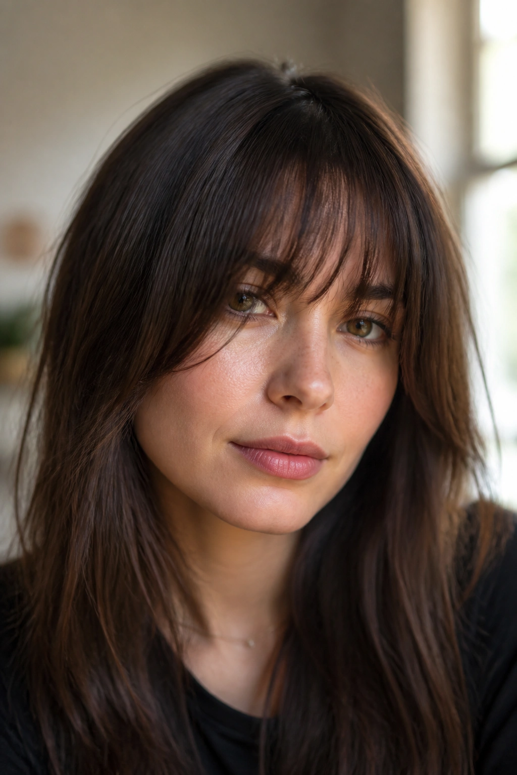 Beveled angled fringe on a real woman's face.