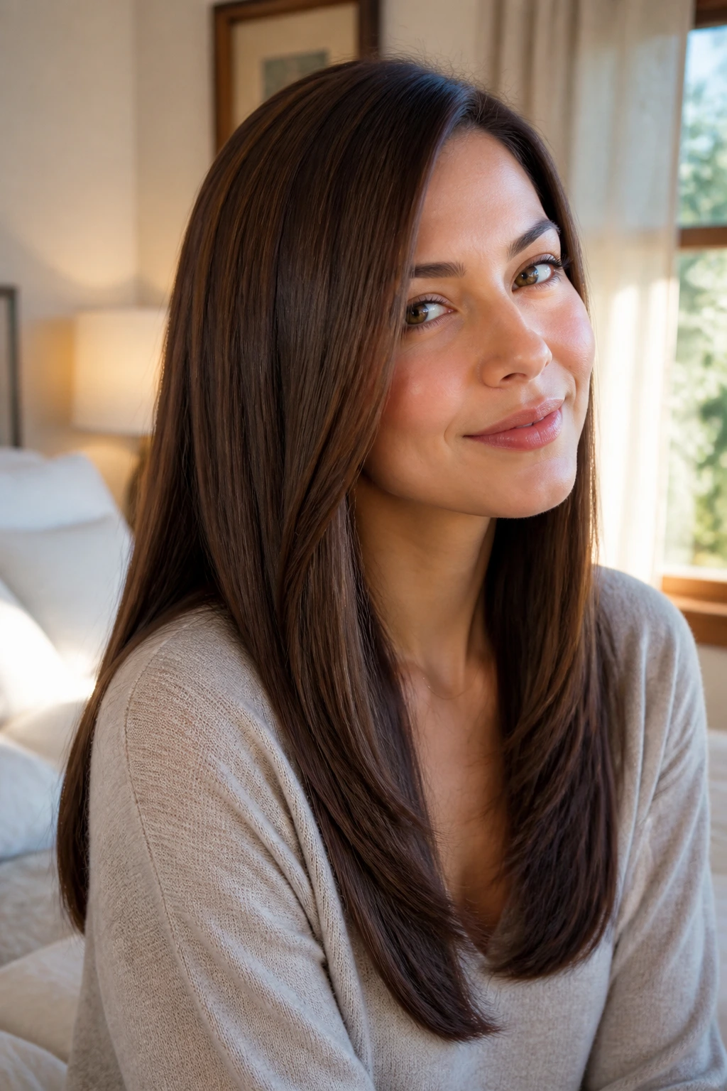 Close-up of a real woman with a beveled long straight cut and side part