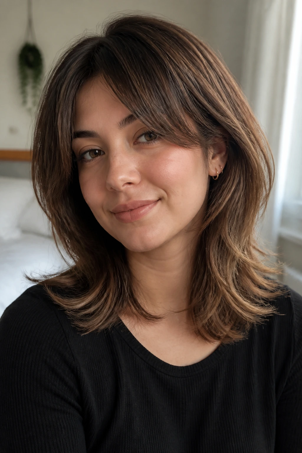 Close-up of a real woman with beveled-end soft shag in soft daylight