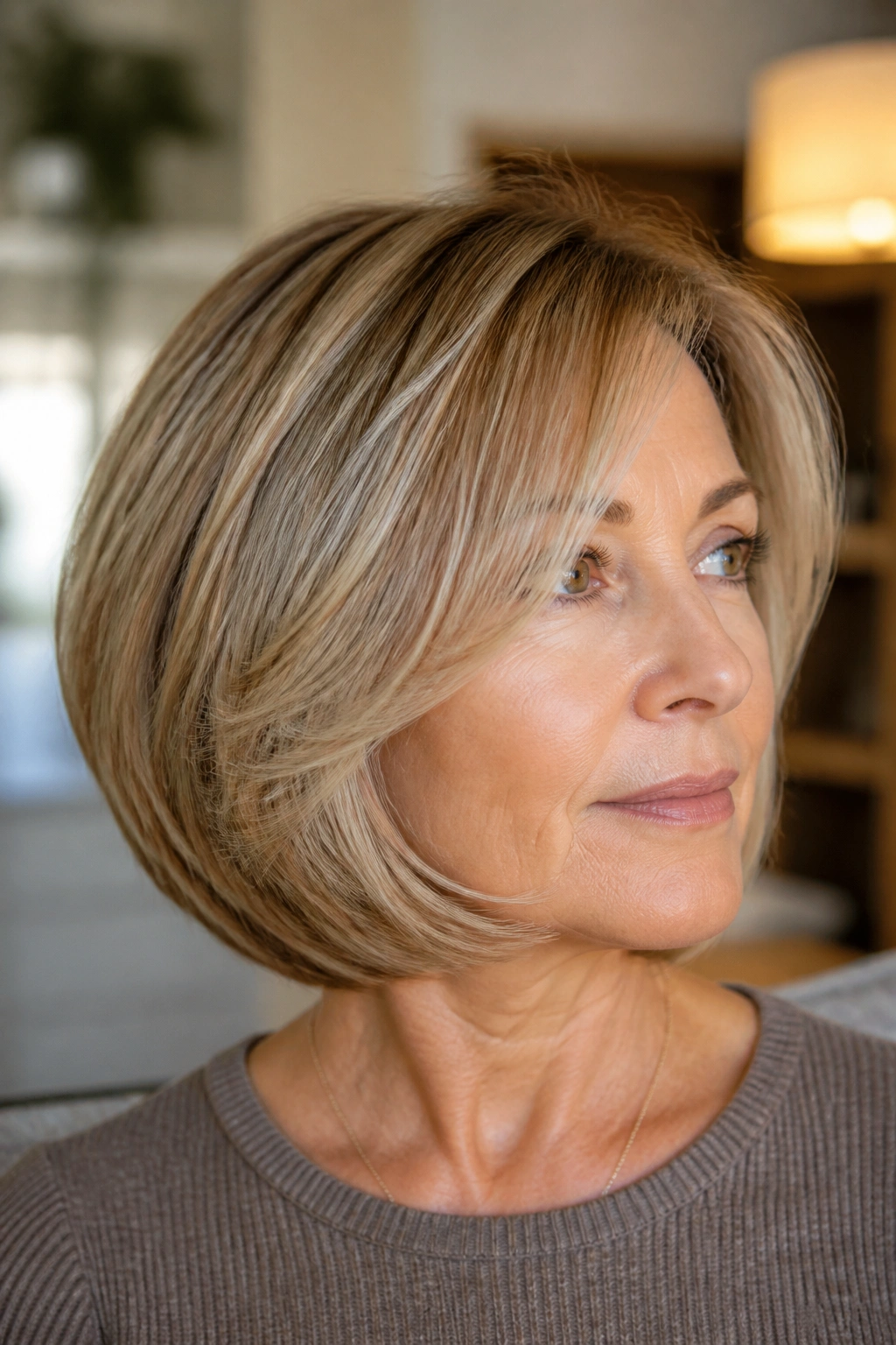 Real woman with beveled feathered bob showing curved ends