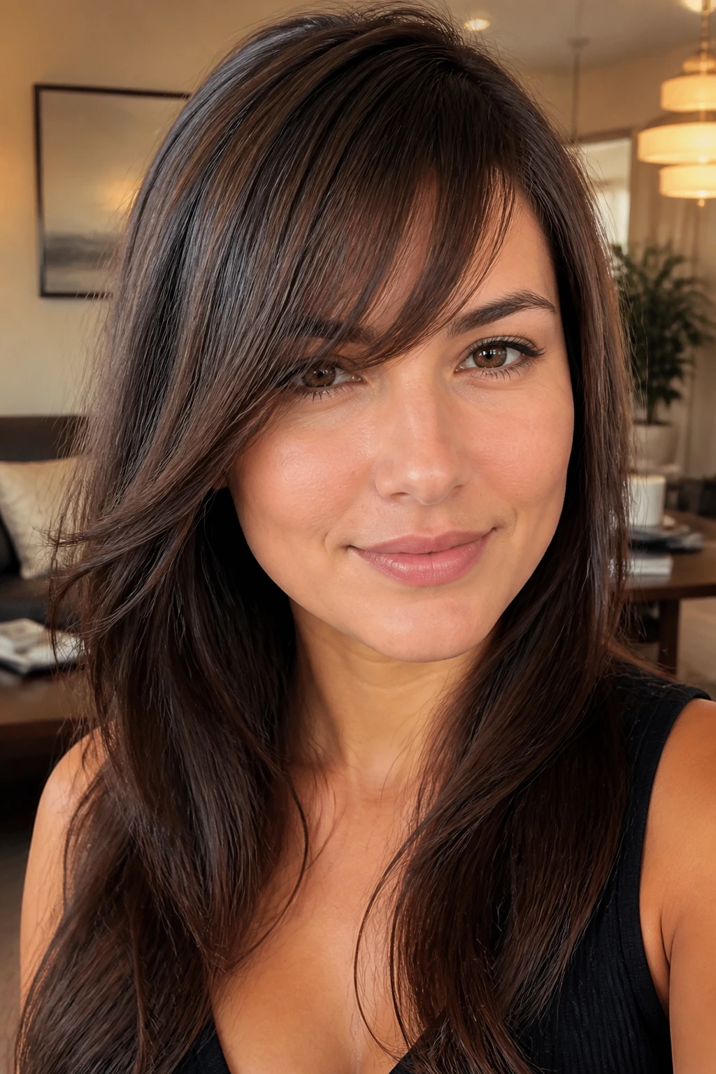 Close-up of a woman with beveled-end long fringe and tapered sides in warm light.