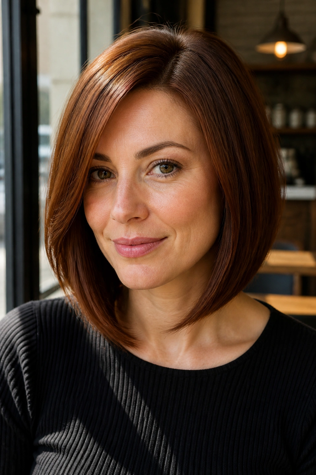 Portrait of a real woman with chestnut red beveled lob