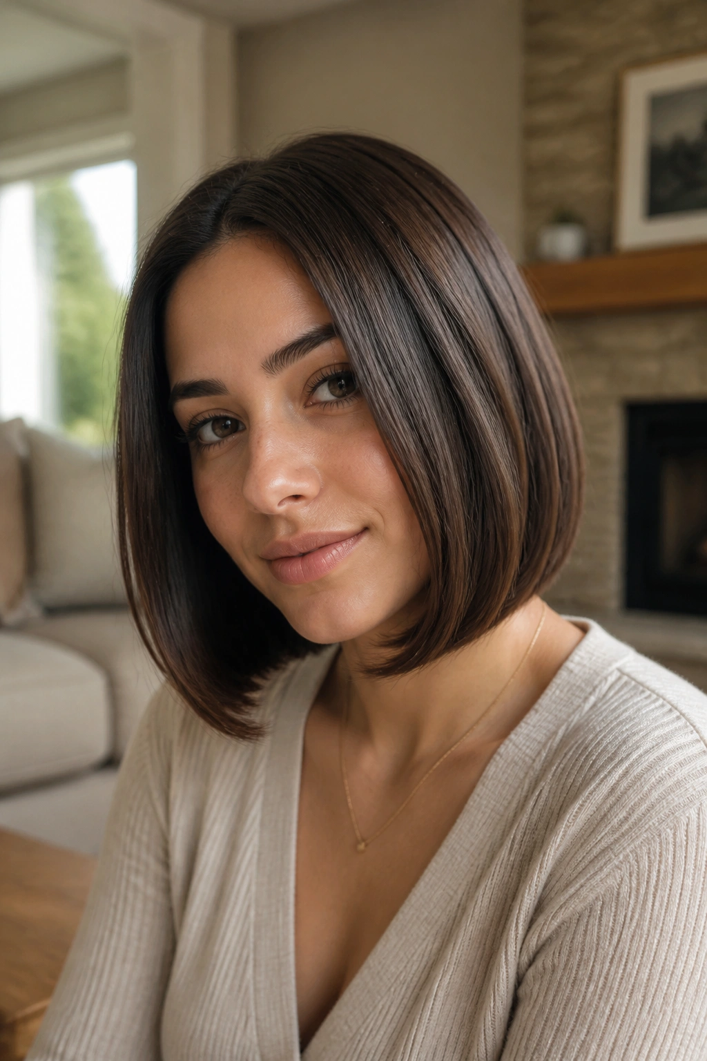 Portrait of a real woman with beveled lob ends curved inward