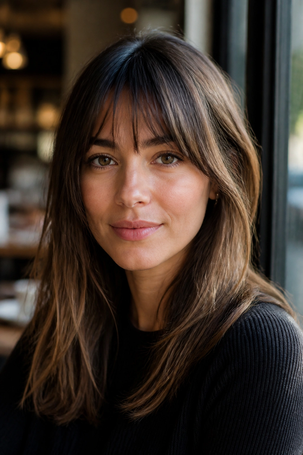 Close-up portrait of a real woman with Birkin bangs in a loose, undone finish.