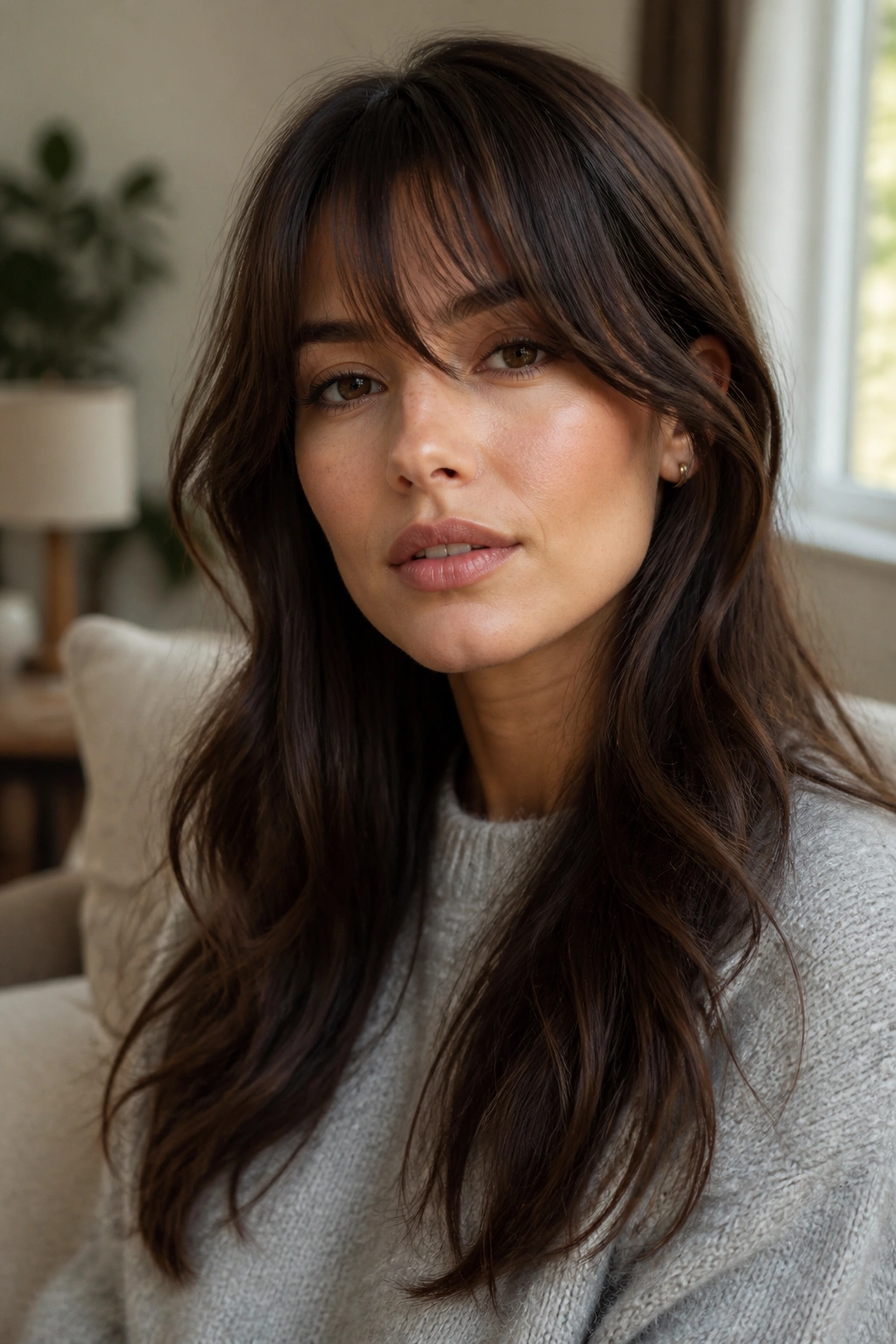 Close-up portrait of a woman with Birkin fringe and loose wave framing the eyes