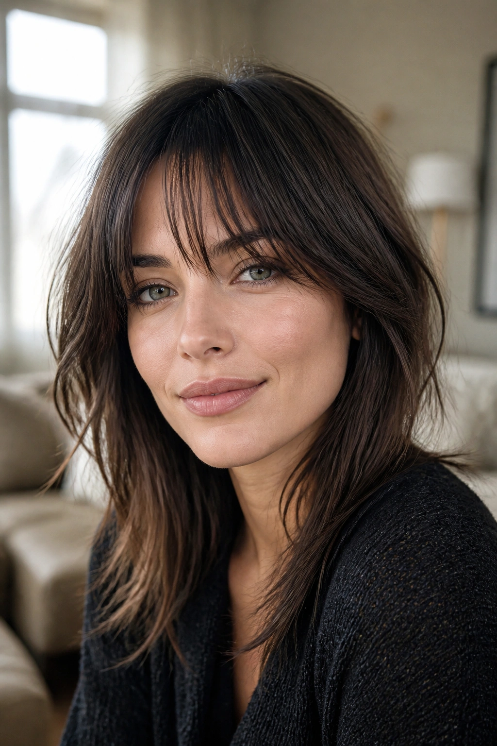 Close-up portrait of a real woman with Birkin-inspired ragged-edge bangs.