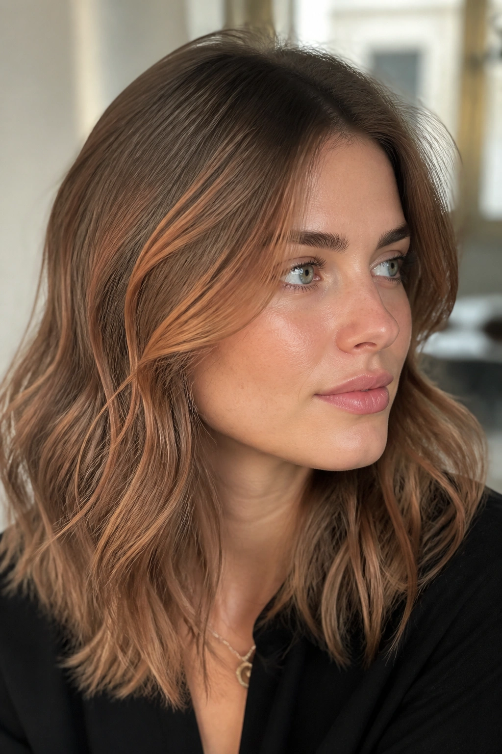 Close-up portrait of a real woman with biscuit brunette hair and peach-copper ribbons