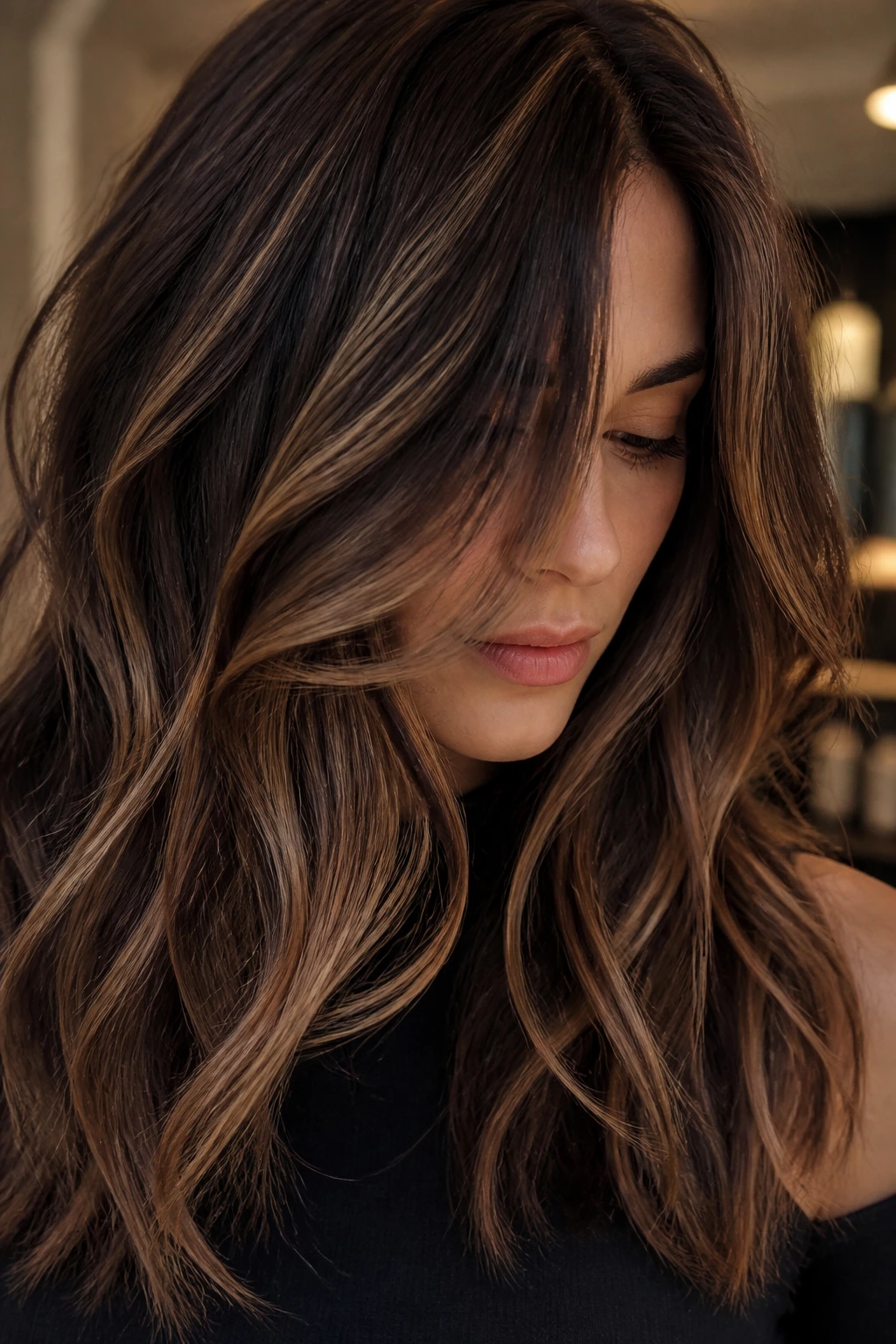 Close-up portrait of woman with Bitter Chocolate hair and choppy caramel layers in natural salon light