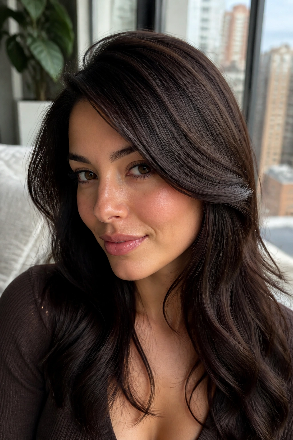 Real woman with bitter chocolate hair and a side part.