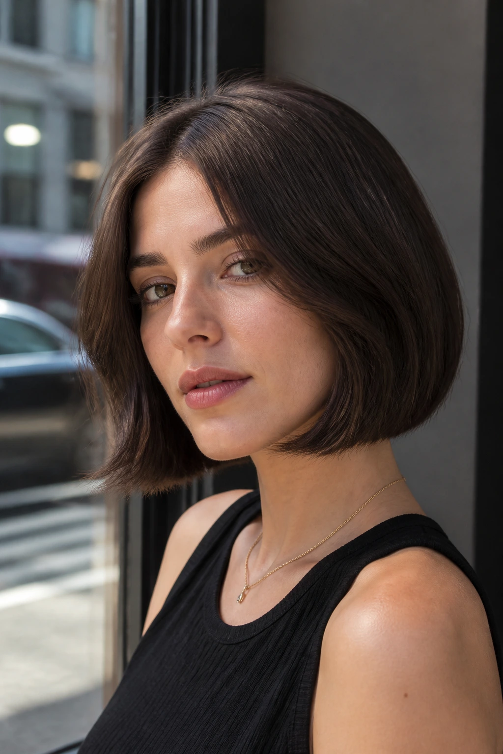 Close-up portrait of a real person with a bittersweet chocolate bob.