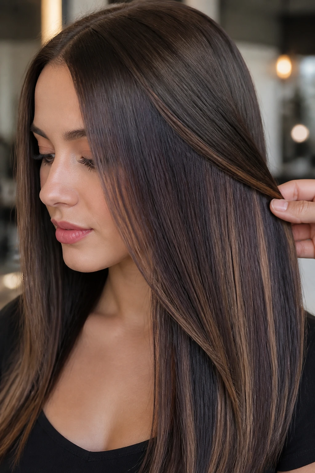 Brunette with bittersweet panels in sleek straight style