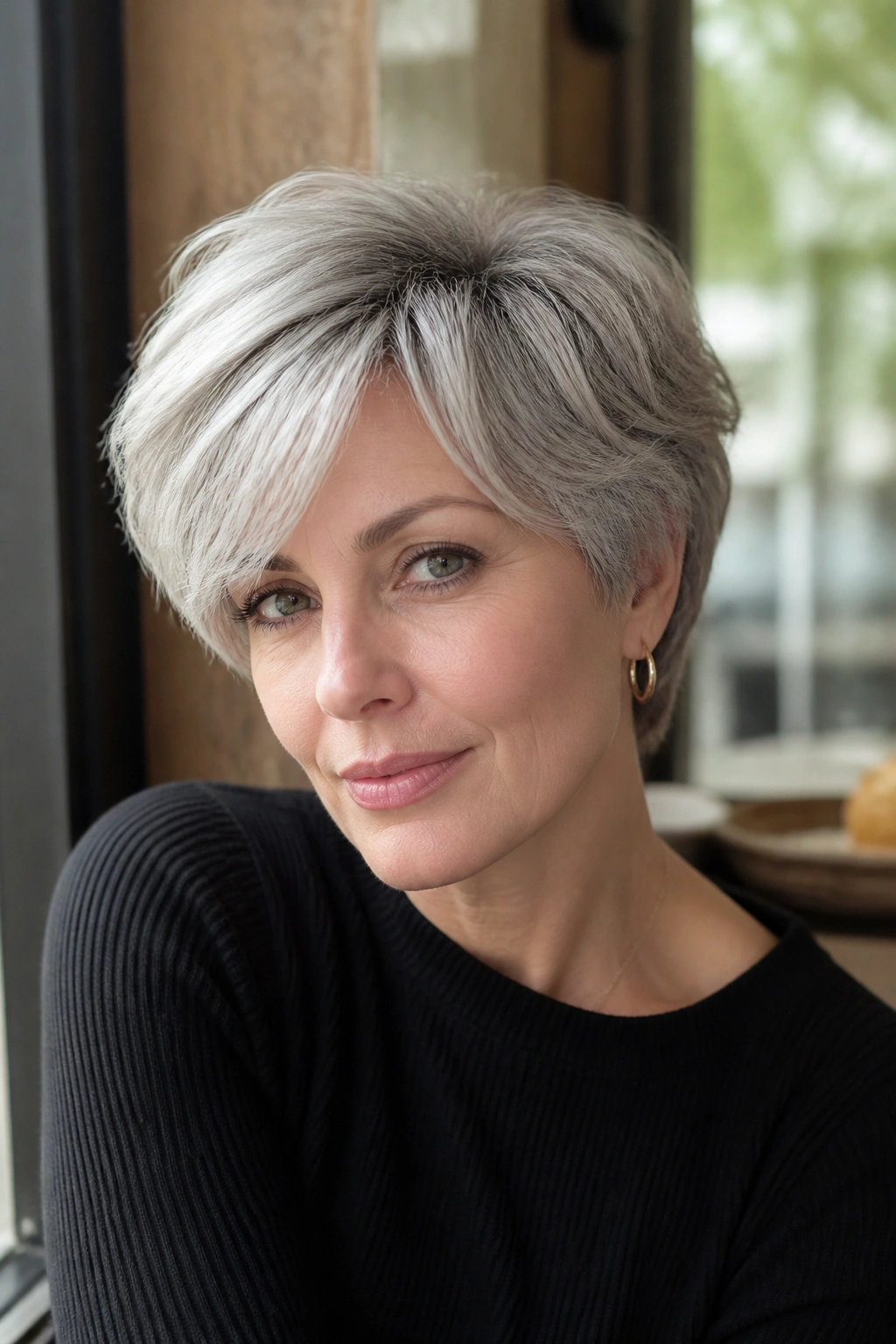 Close-up portrait of a real woman with a bixie bob in ash silver