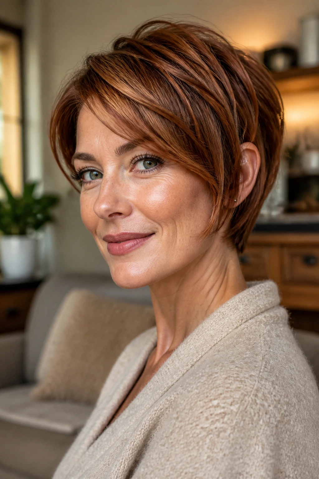 Close-up portrait of a real woman with a bixie-leaning bob in auburn copper.