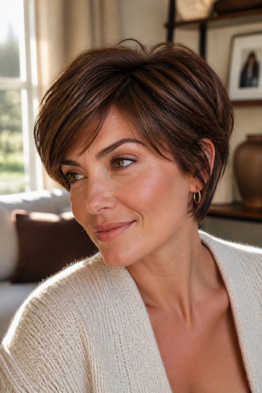 Close-up portrait of a real woman with bixie-bob hybrid in chocolate brown, crown lift