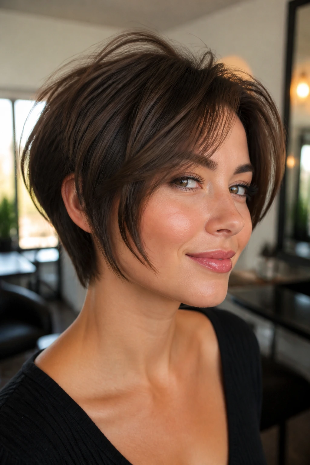 Close-up portrait of a real woman with a bixie-inspired bob featuring short nape, lifted crown, and cheekbone-skimming front pieces.