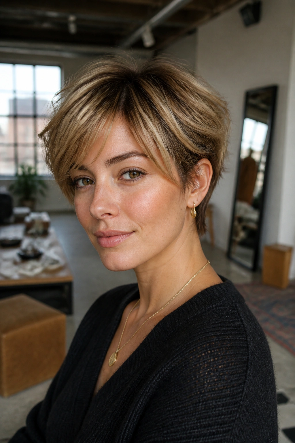 Close-up of a real woman with a bixie-bob short-crop and lifted crown