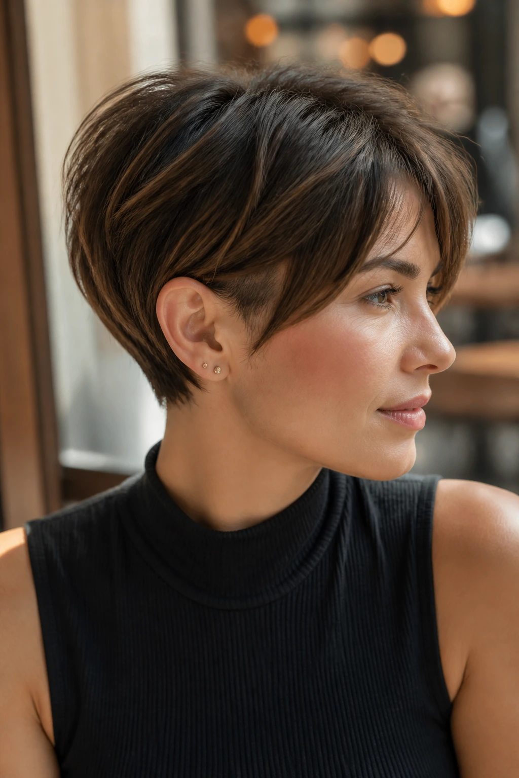 Close-up portrait of a real woman with bixie-bob short sides