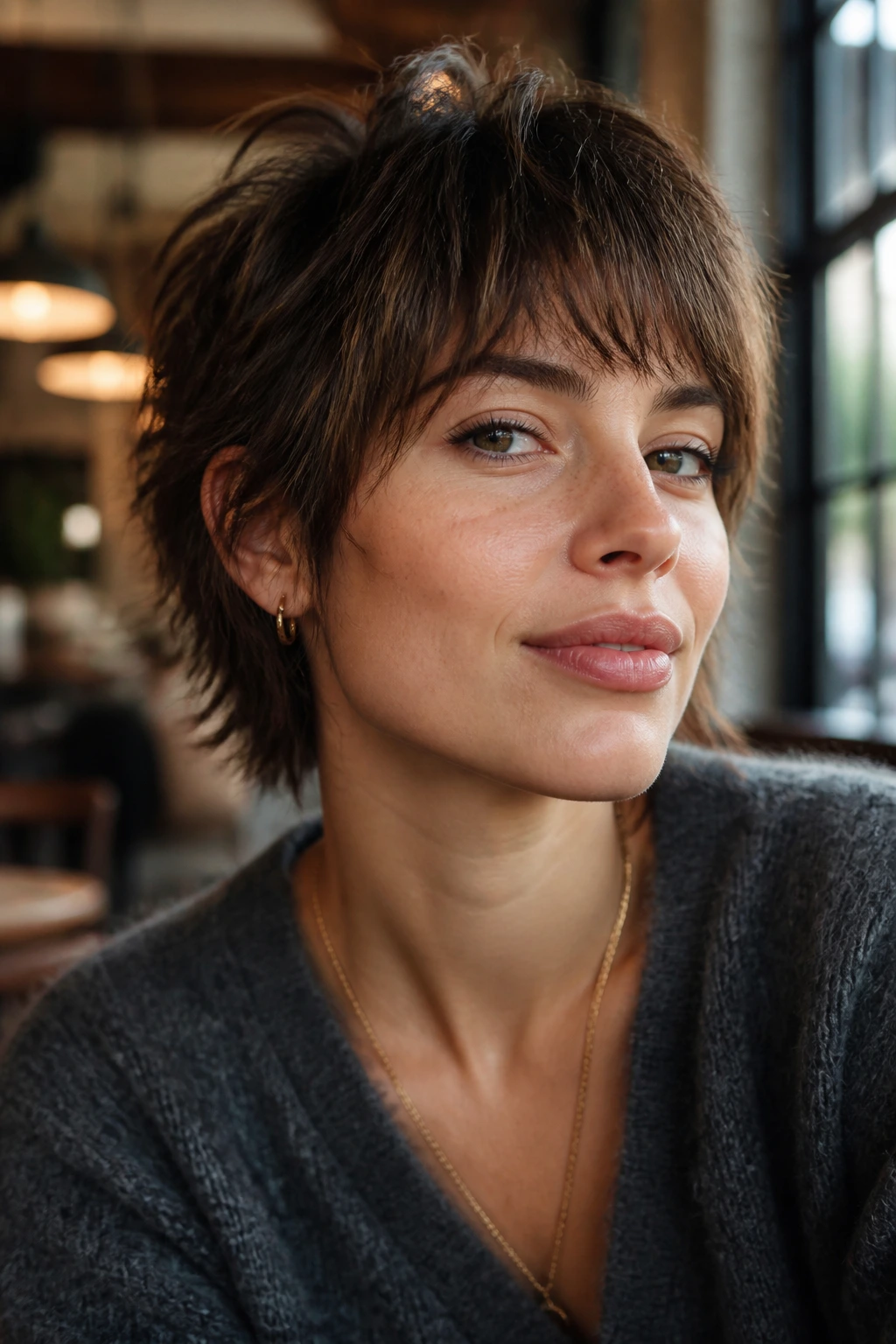 Real person with bixie haircut and broken-up texture in a cozy cafe setting