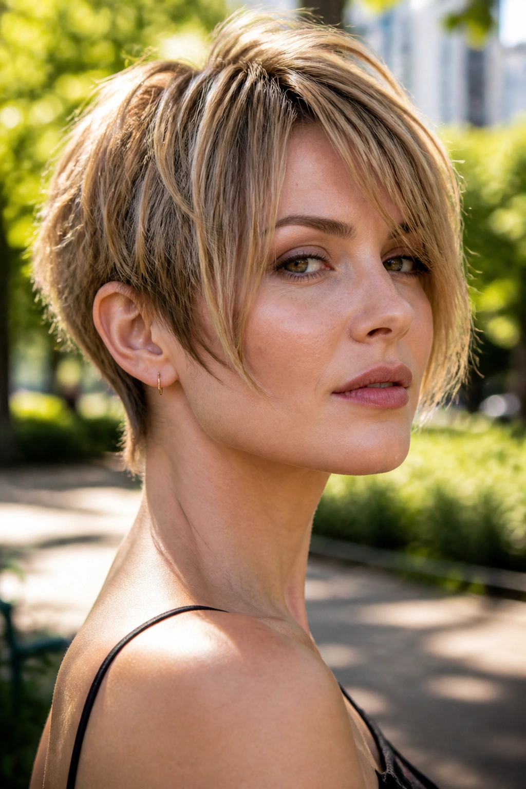 Real woman with a cheekbone-length choppy bixie haircut.