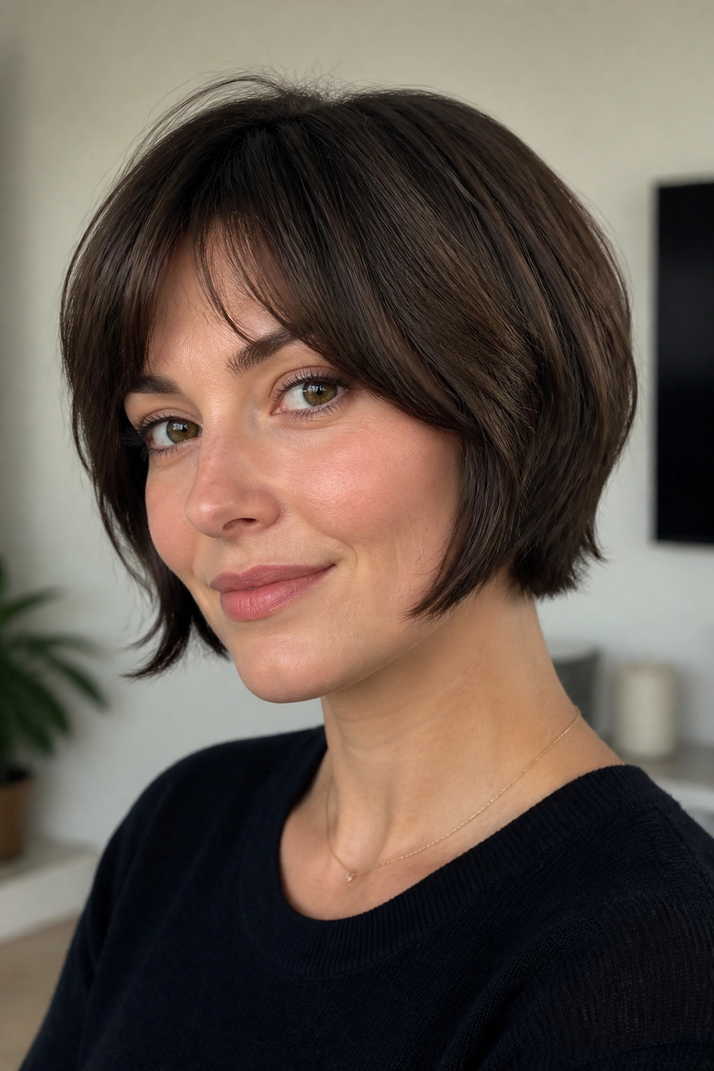 Close-up of a real person with Chin-Length Bixie With Soft Ends hairstyle