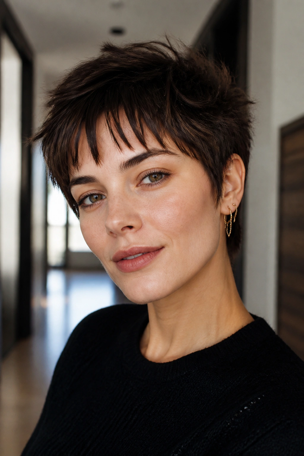 Real woman with a bixie cut and choppy bangs in a bright hallway.