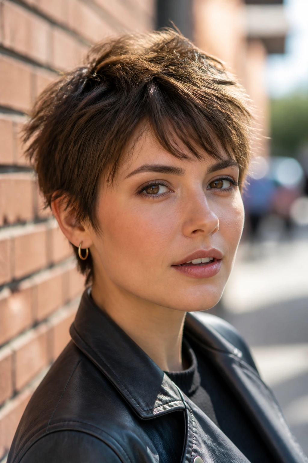 Close-up portrait of a real woman with bixie haircut and choppy crown