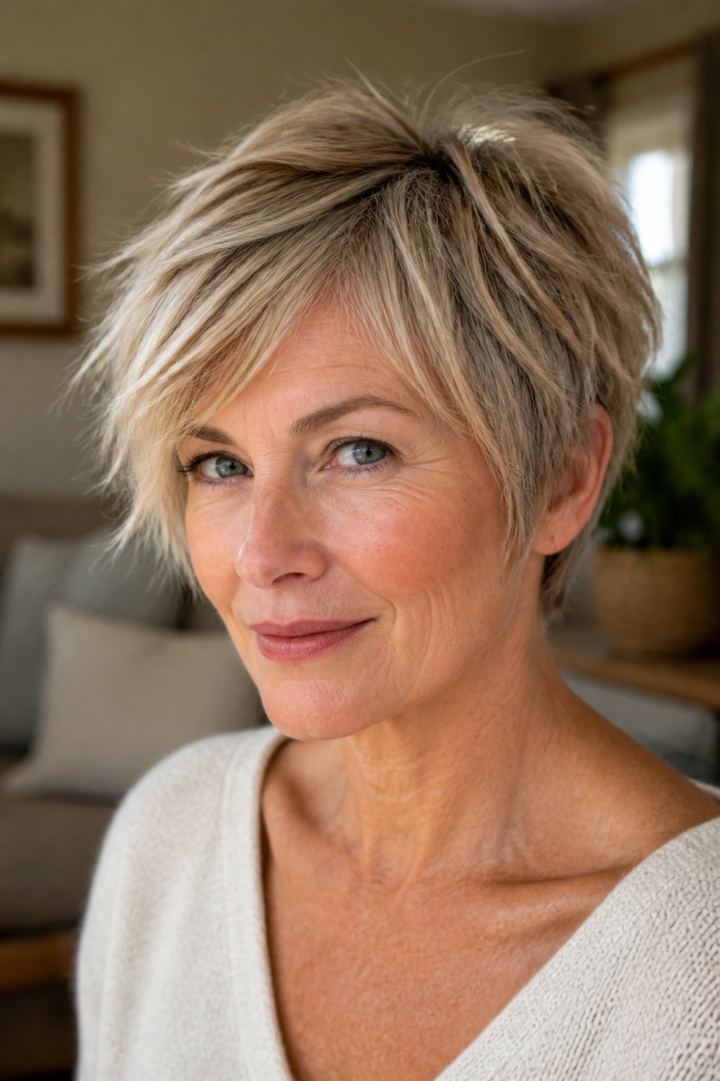 Portrait of a real woman with bixie hairstyle and choppy ends