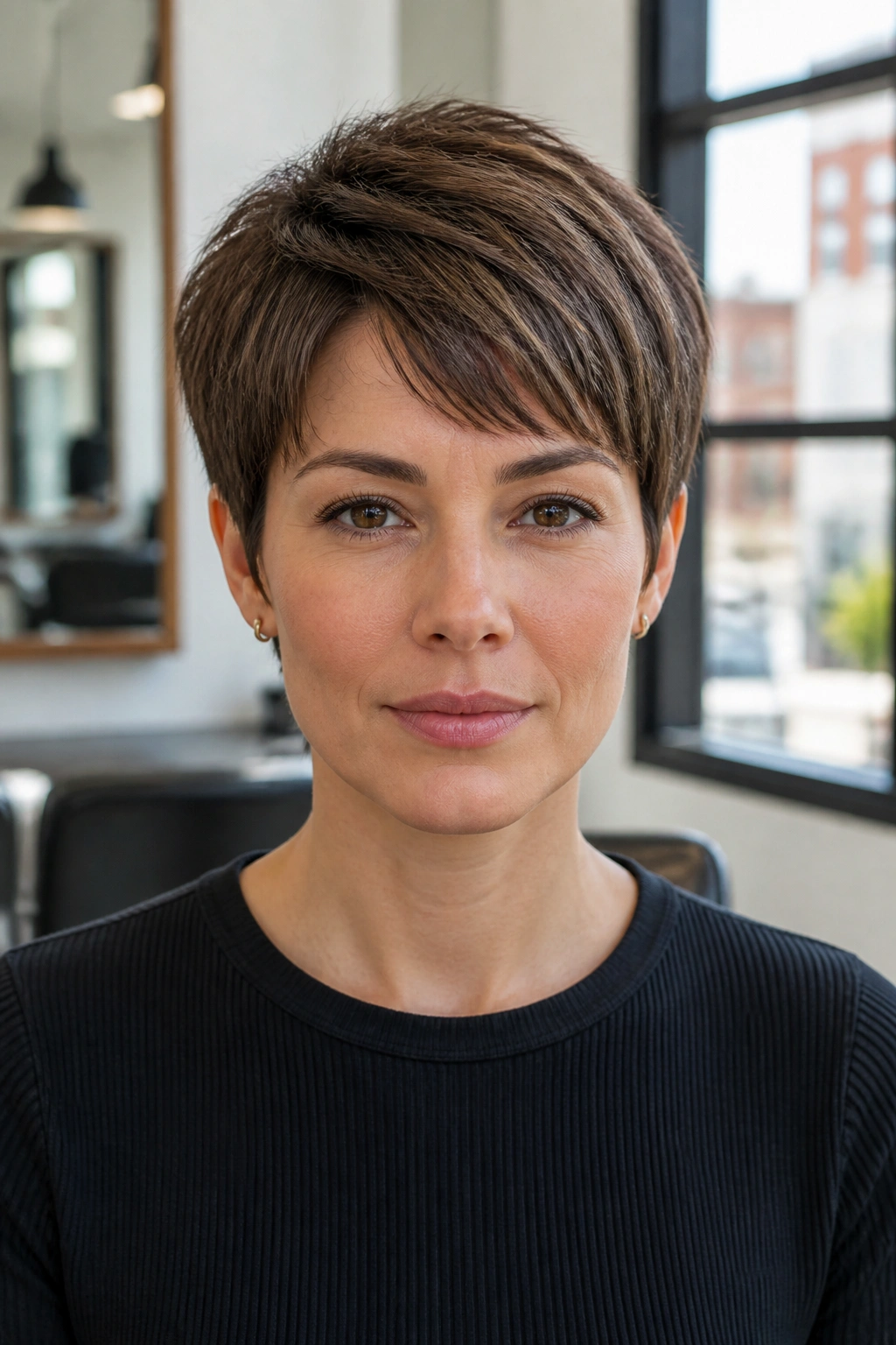 Close-up of a real woman with a bixie haircut and clean edges