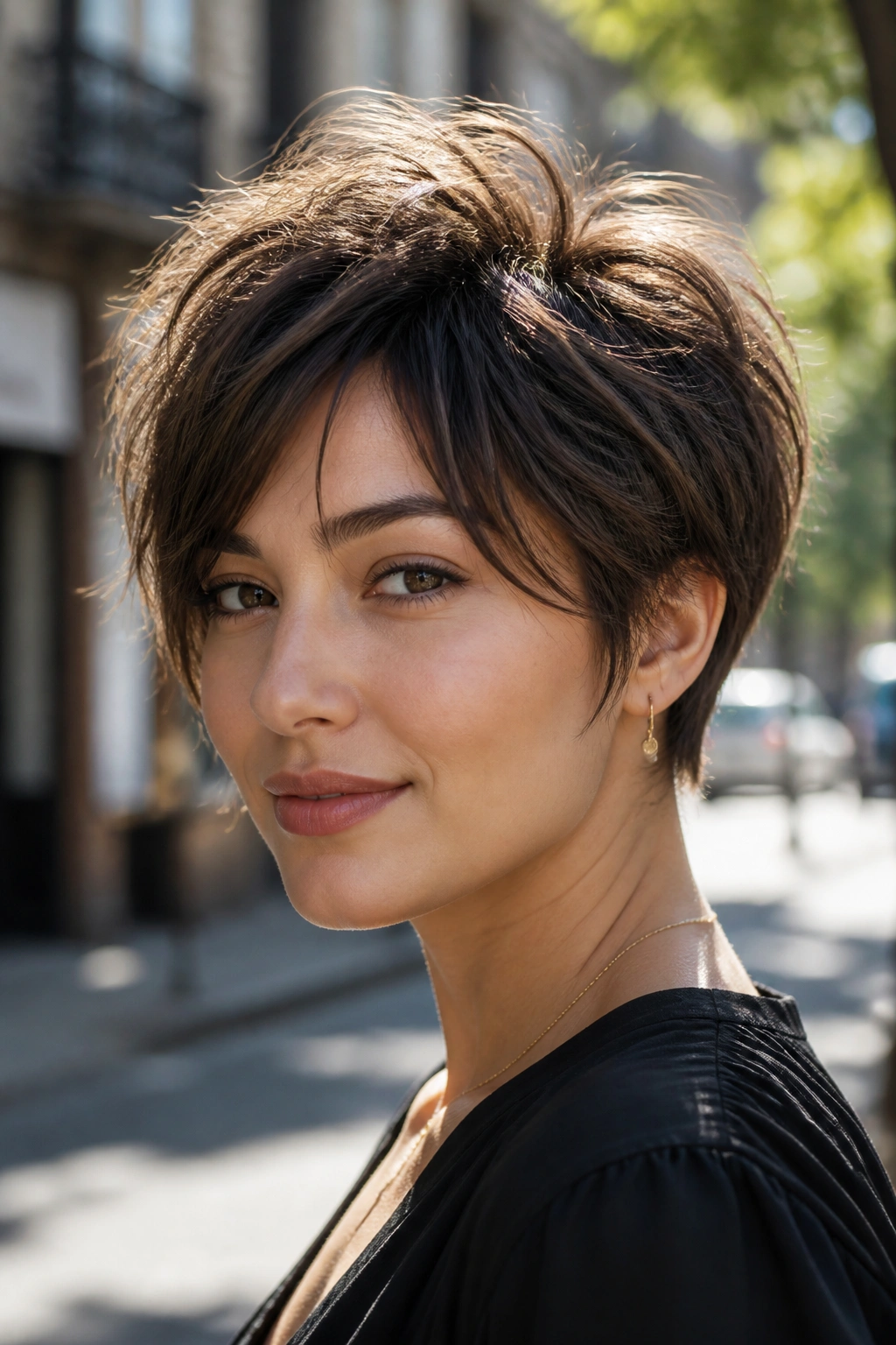 Real woman with bixie haircut and crown-height lift in sunlit city street